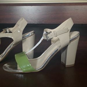 Jessica 4” High Heel Block Sandal in Lime, Creme, and Silver Patent